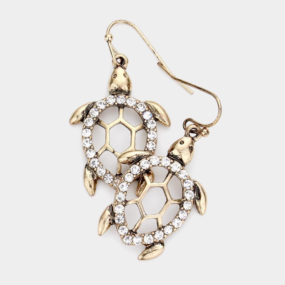 Gold Stone Embellished Metal Turtle Dangle Earring - Jewelry Store by Erik Rayo