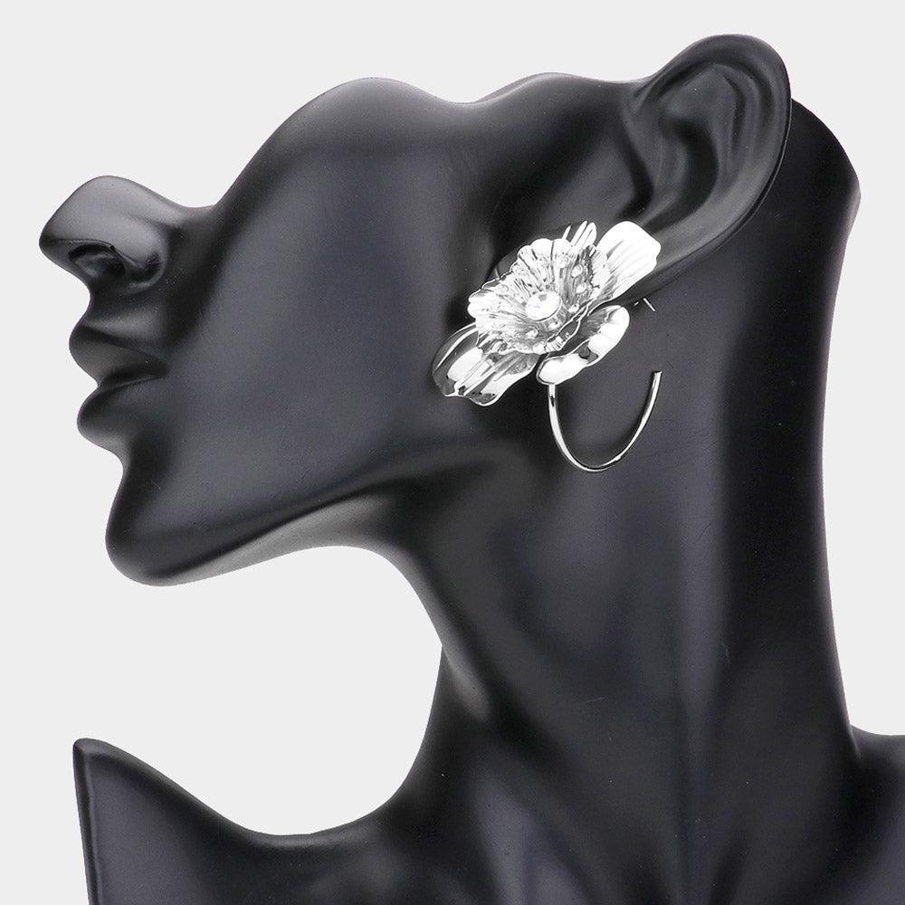 Stone Centered Metal Flower Accented Half Hoop Earrings - Jewelry Store by Erik Rayo