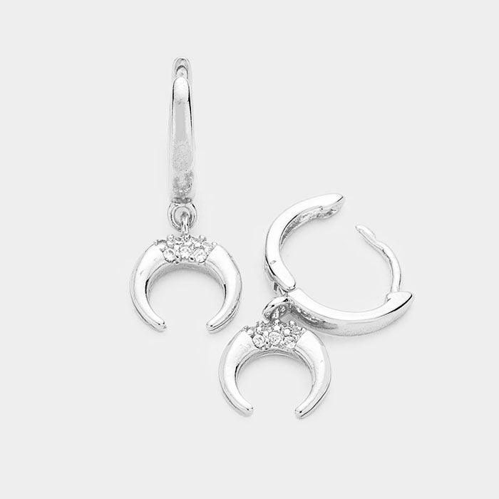 Clear Brass CZ Double Horn Dangle Huggie Hoop Earrings