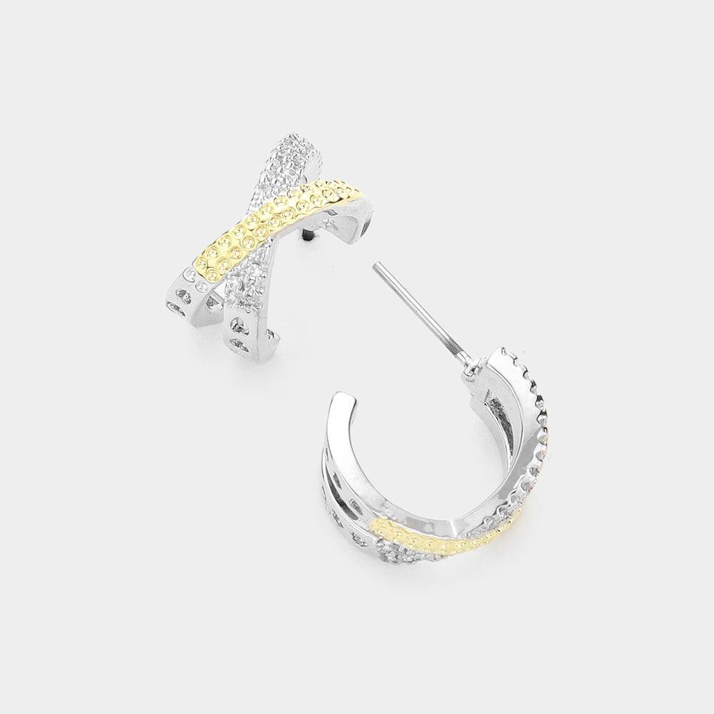 Gold 14K Gold Plated CZ Stone Paved Crisscross Hoop Earrings