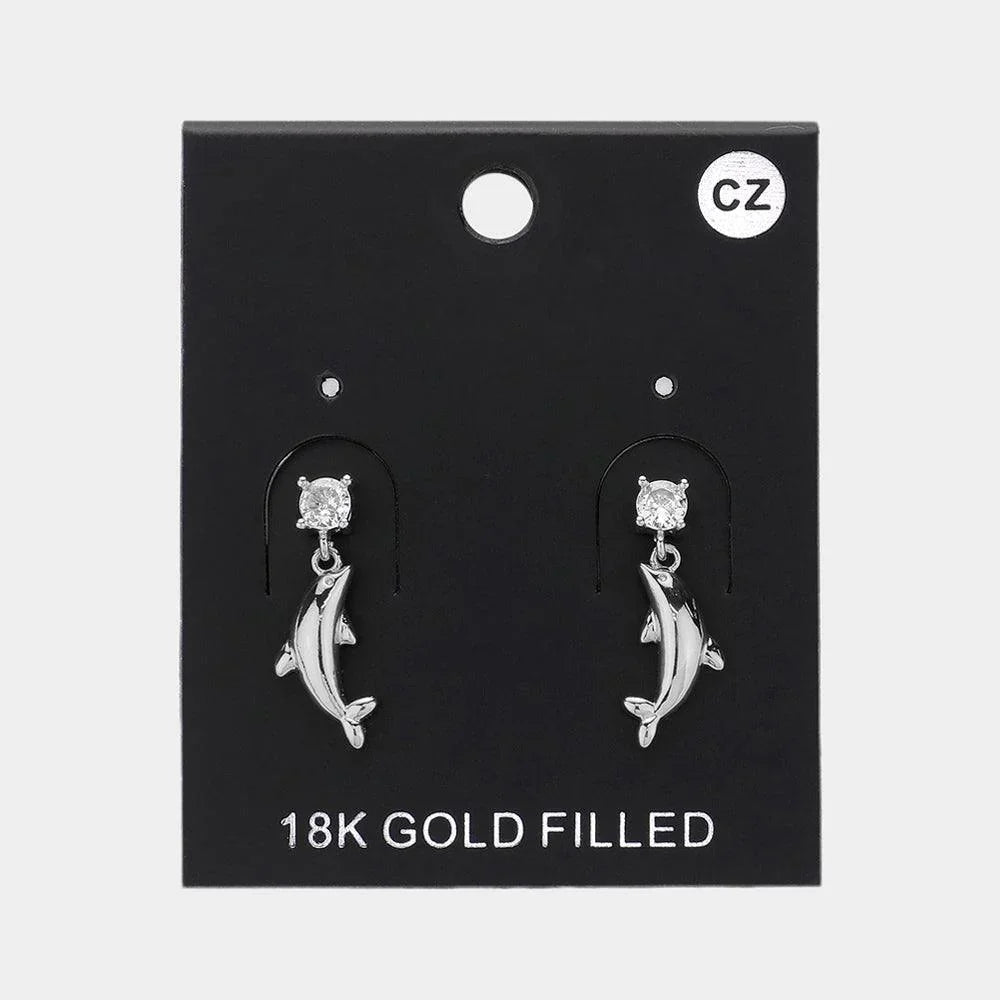 CZ Stone Pointed Metal Dolphin Dangle Earrings - Jewelry Store by Erik Rayo