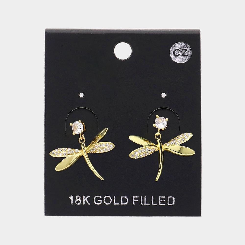 Gold CZ Stone Paved Dragonfly Dangle Earrings - Jewelry Store by Erik Rayo