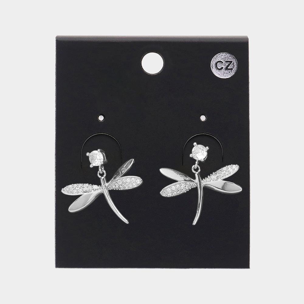 Gold CZ Stone Paved Dragonfly Dangle Earrings - Jewelry Store by Erik Rayo