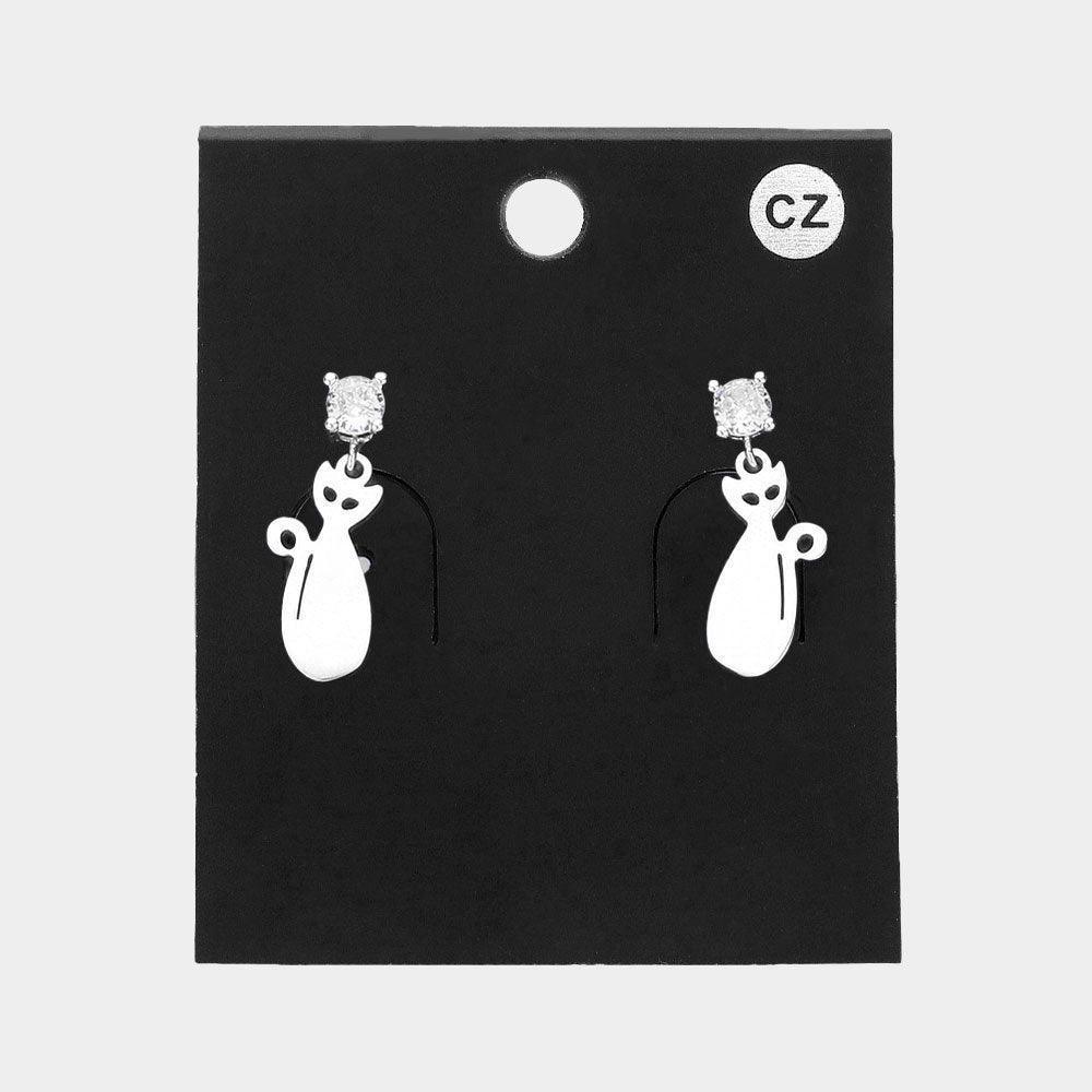 CZ Stone Pointed Cat Plate Dangle Earrings - Jewelry Store by Erik Rayo