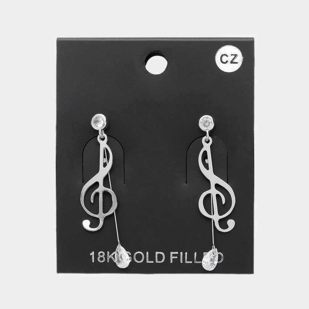 CZ Stone Pointed Metal Treble Clef Dangle Earrings - Jewelry Store by Erik Rayo