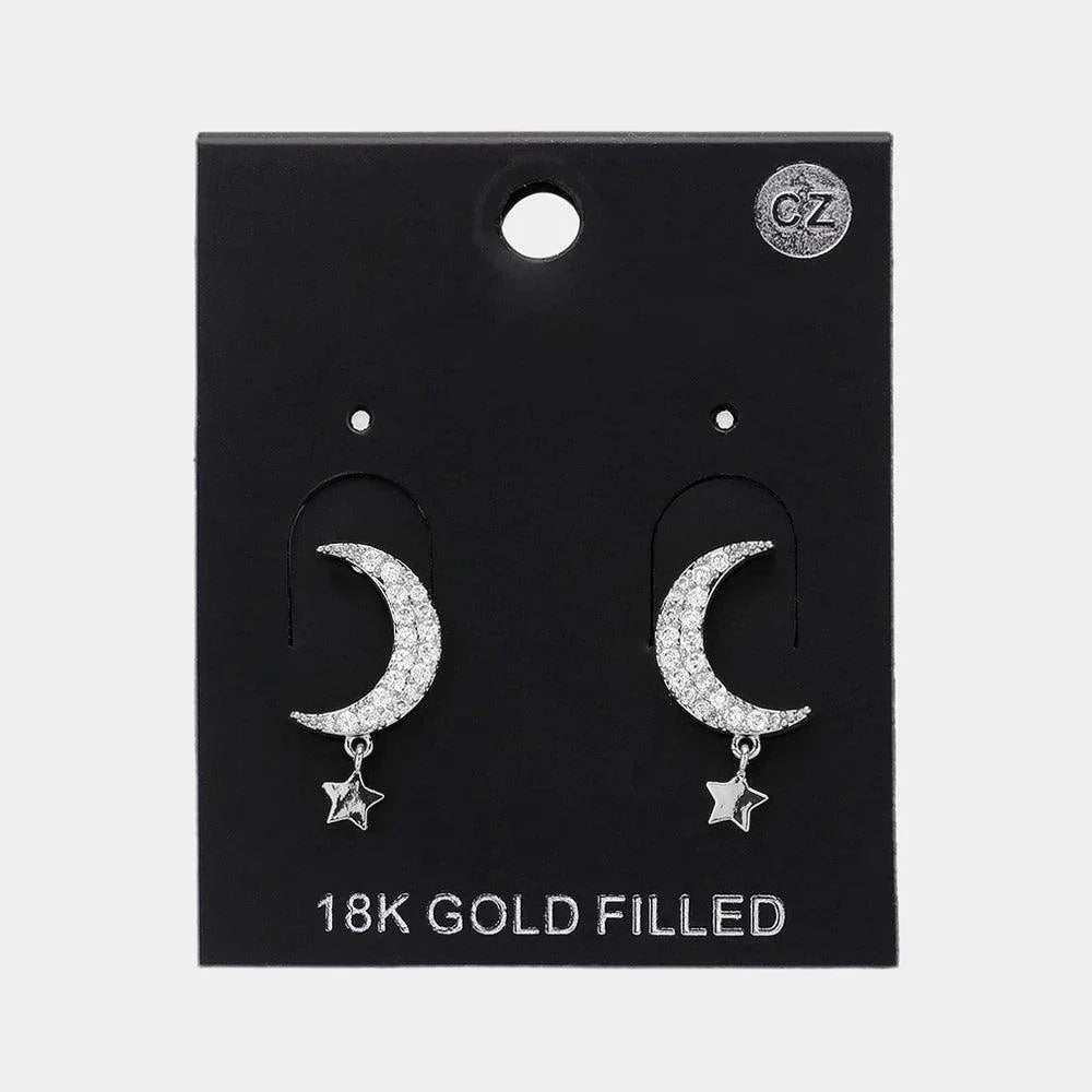 CZ Stone Paved Crescent Moon Metal Star Dangle Earrings - Jewelry Store by Erik Rayo