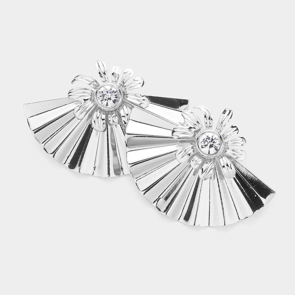 Stone Centered Flower Pointed Textured Metal Fan Earrings
