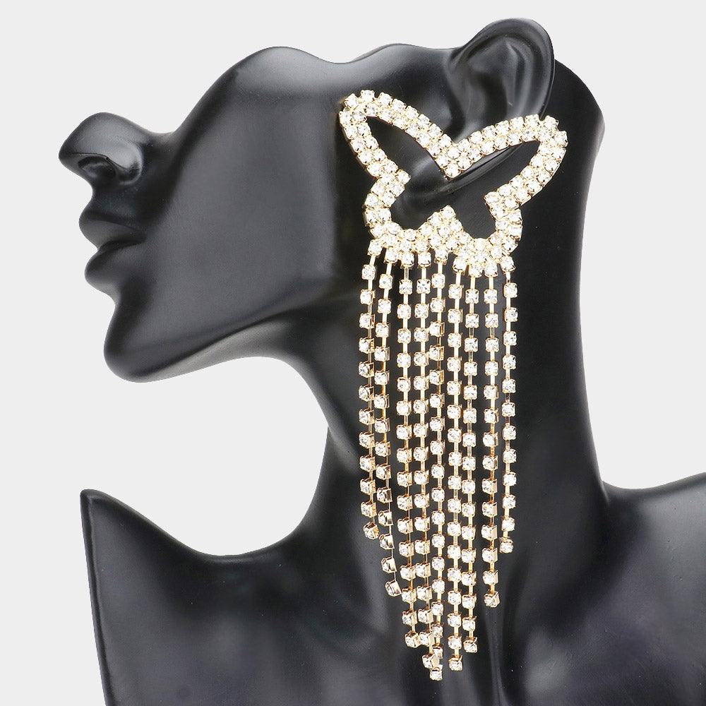 Gold Oversized Rhinestone Paved Butterfly Fringe Earrings