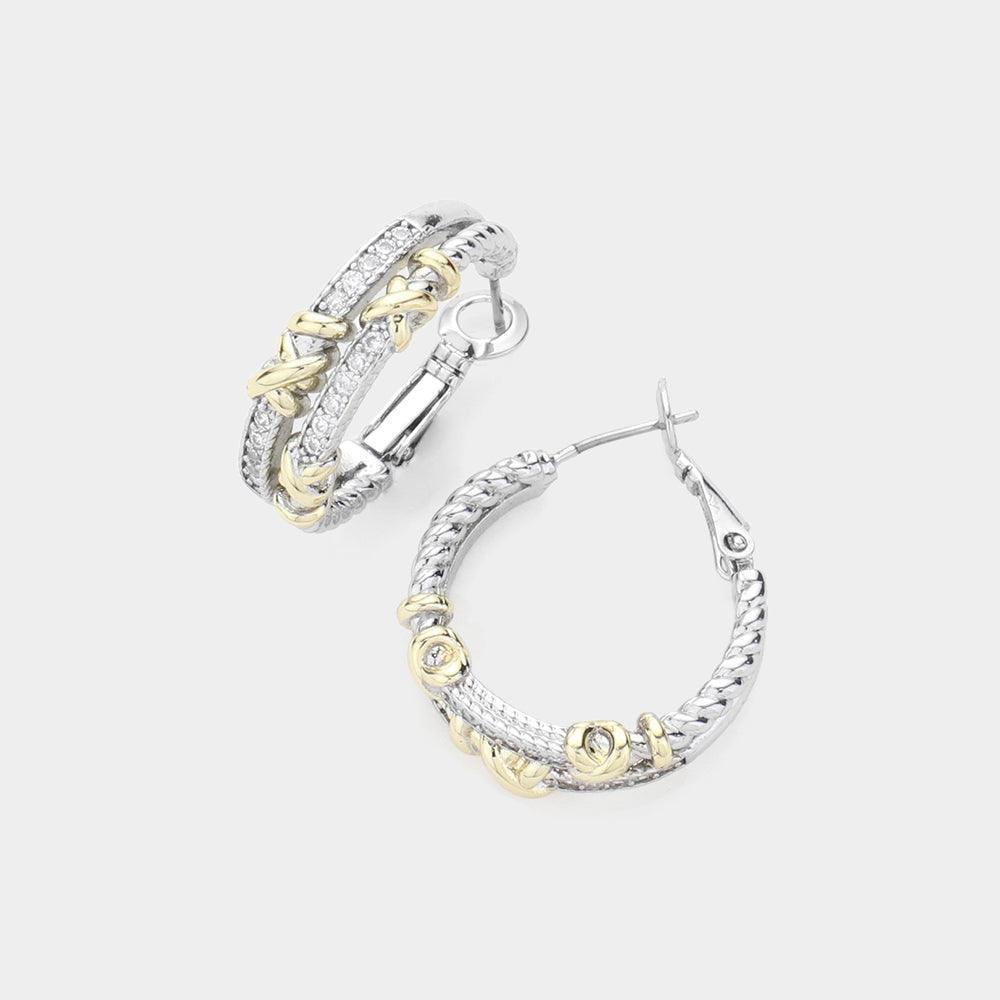 Gold 14K Gold Plated CZ Stone Paved Two Tone Crisscross Hoop Earrings - Jewelry Store by Erik Rayo
