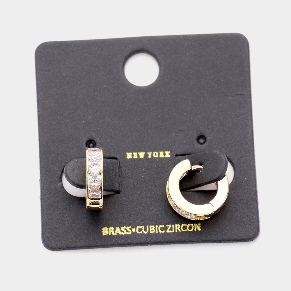 Gold CZ Cubic Zirconia Embellished Brass Metal Hoop Huggie Earrings - Jewelry Store by Erik Rayo