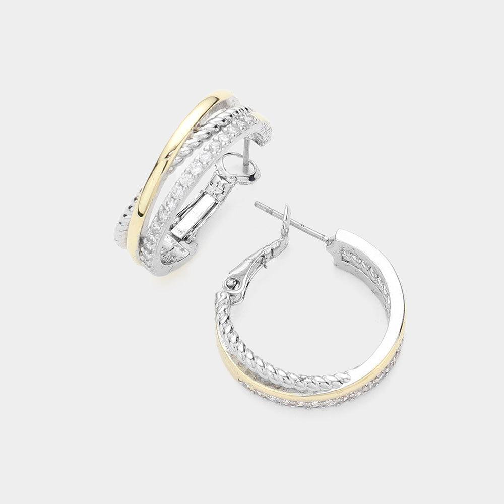 Two Tone CZ Stone Paved Split Metal Hoop Earrings - Jewelry Store by Erik Rayo