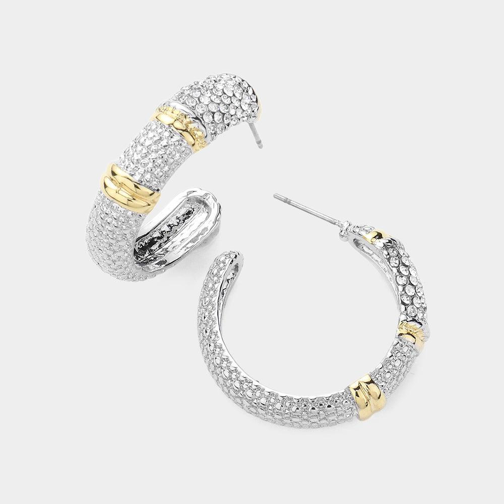 Two Tone Stone Paved Two Tone Hoop Earrings