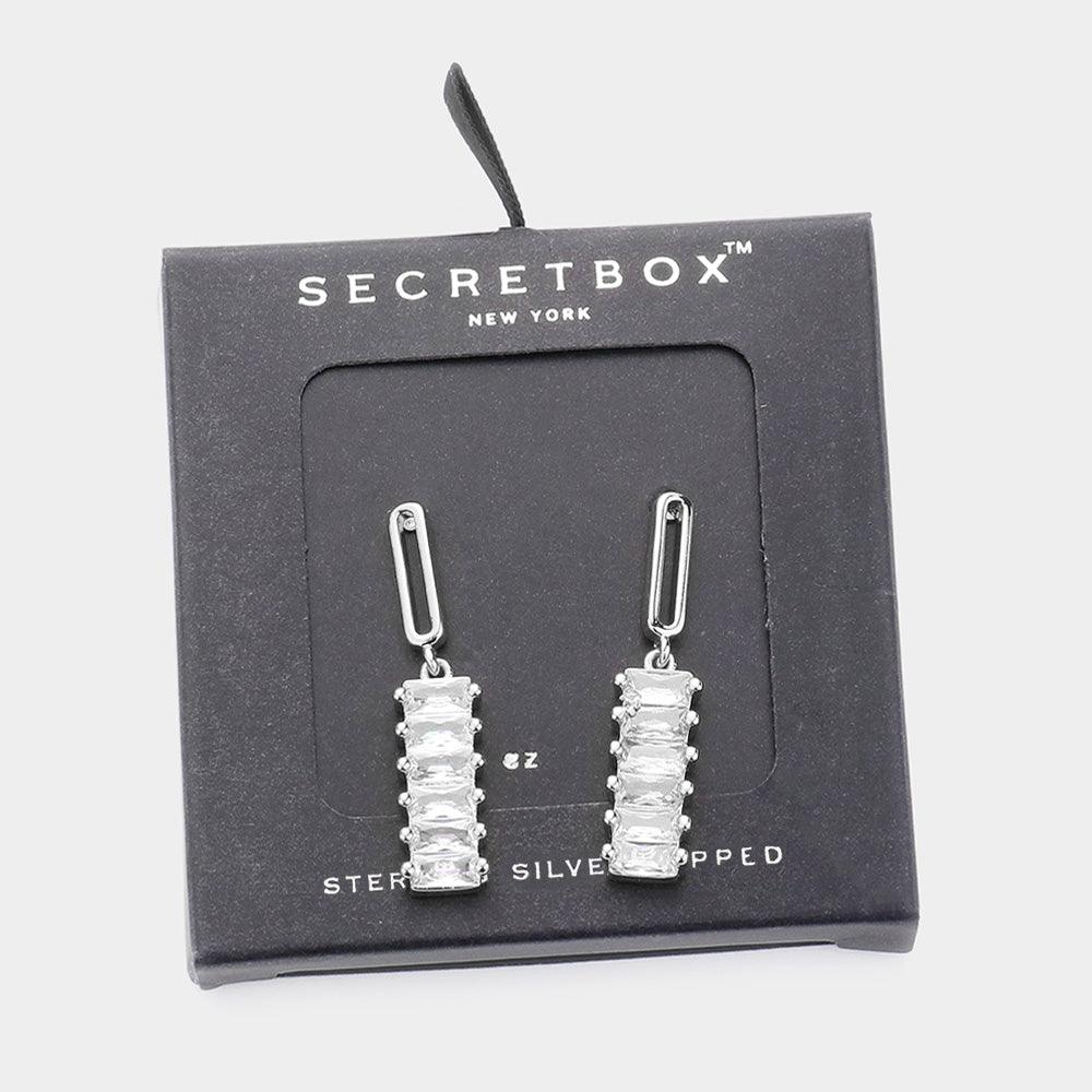 White Sterling Silver Dipped Baguette CZ Stone Accented Dangle Earrings