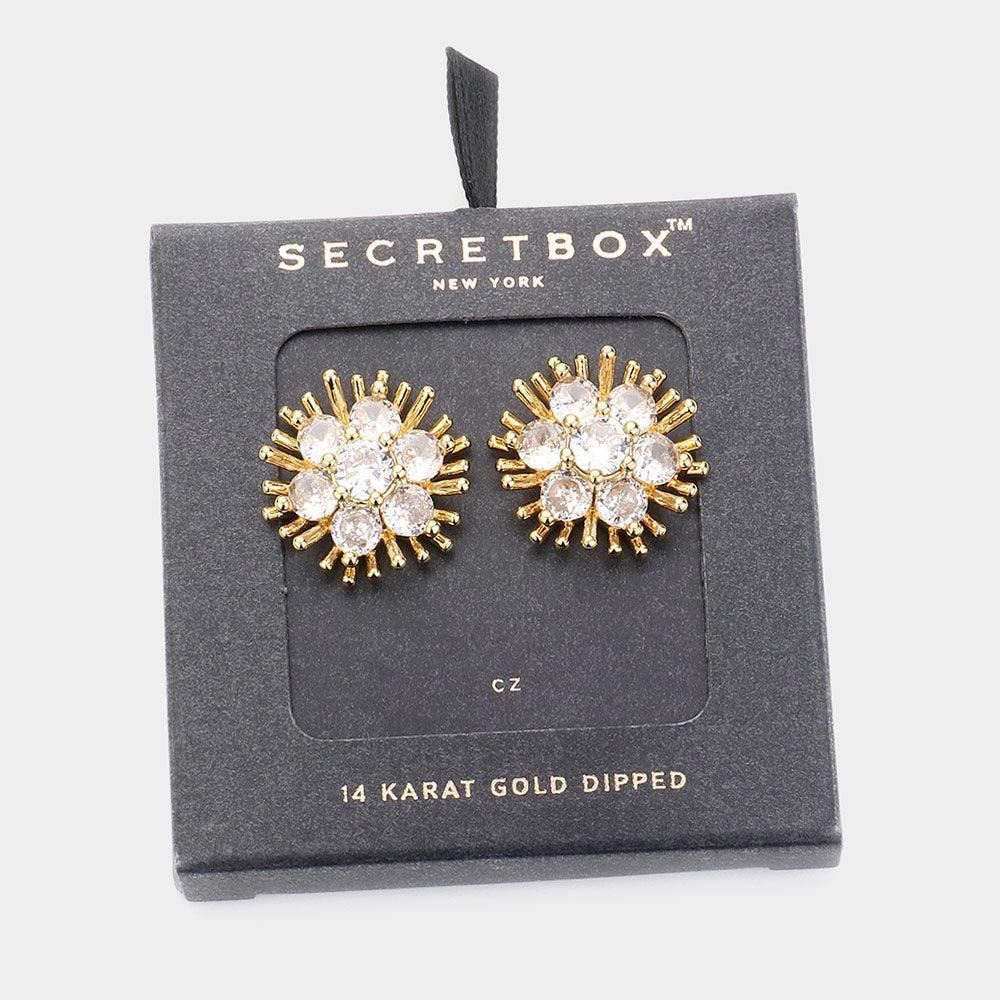 14K Gold Dipped Round CZ Stone Pointed Flower Stud Earrings - Jewelry Store by Erik Rayo