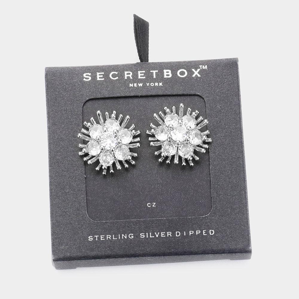 White Sterling Silver Dipped Round CZ Stone Pointed Flower Stud Earrings - Jewelry Store by Erik Rayo