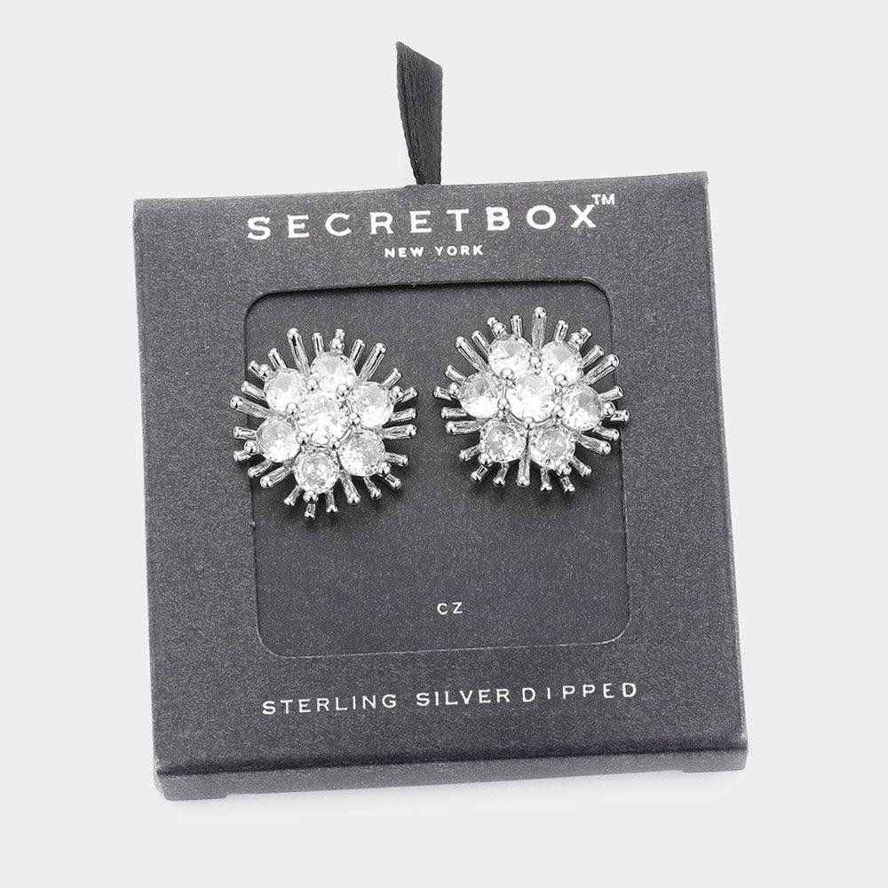 White Sterling Silver Dipped Round CZ Stone Pointed Flower Stud Earrings