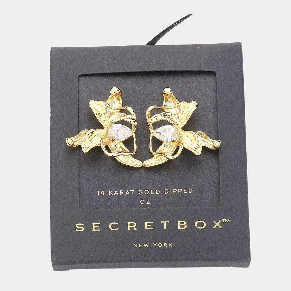 14K Gold Dipped Teardrop Stone Pointed Textured Metal Flower Earrings - Jewelry Store by Erik Rayo