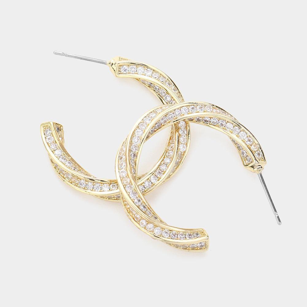 Gold CZ Stone Paved Twisted Metal Hoop Earrings - Jewelry Store by Erik Rayo