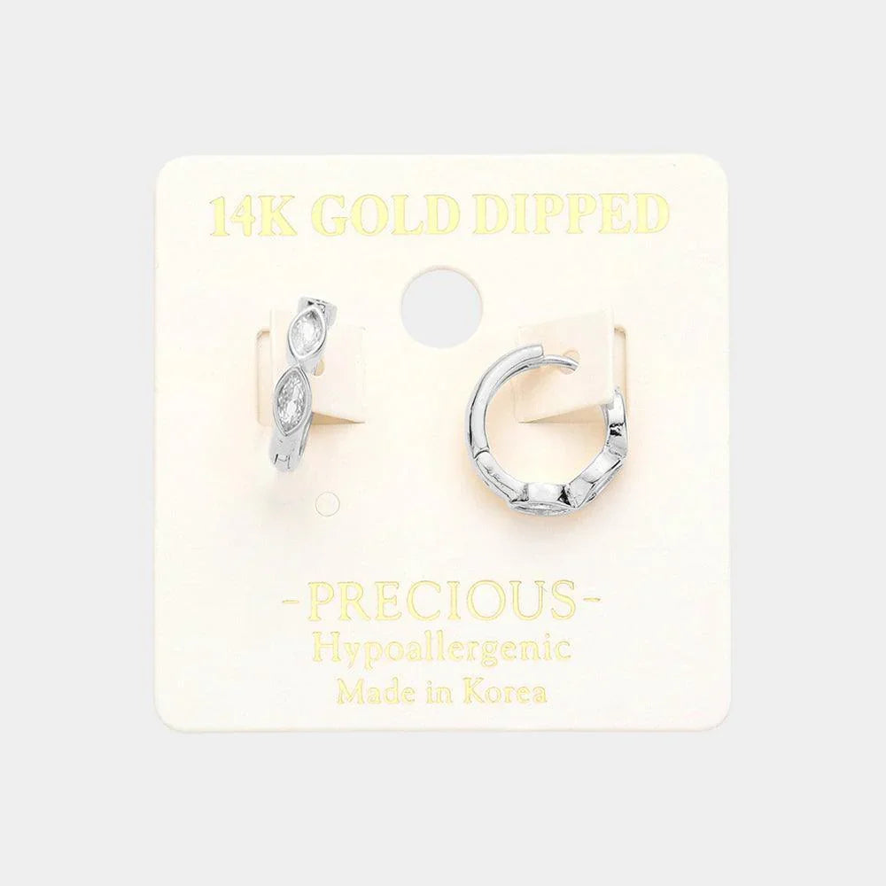 Gold 14K White Gold Dipped Marquise Stone Pointed Hoop Huggie Earrings - Jewelry Store by Erik Rayo