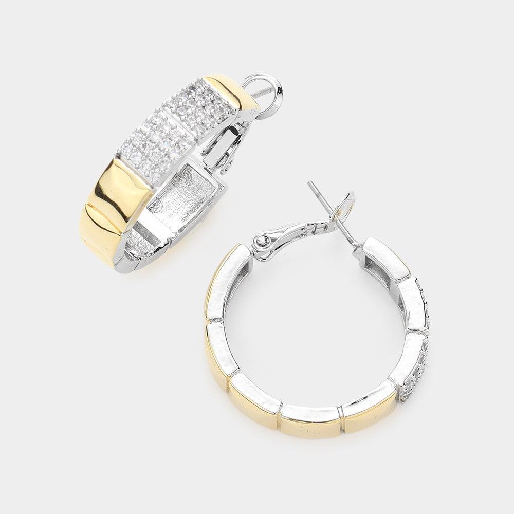 CZ Stone Paved Two Tone Metal Hoop Earrings - Jewelry Store by Erik Rayo