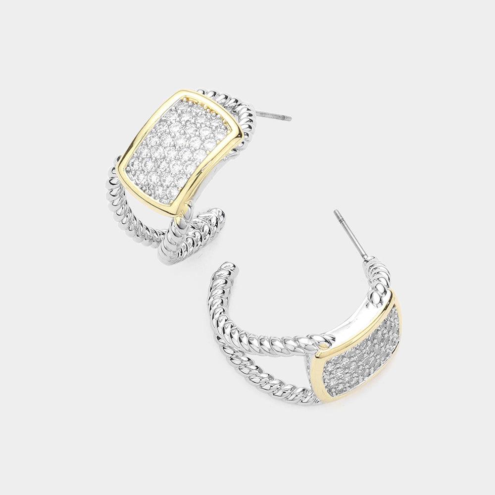 Two Tone CZ Embellished Hoop Earrings