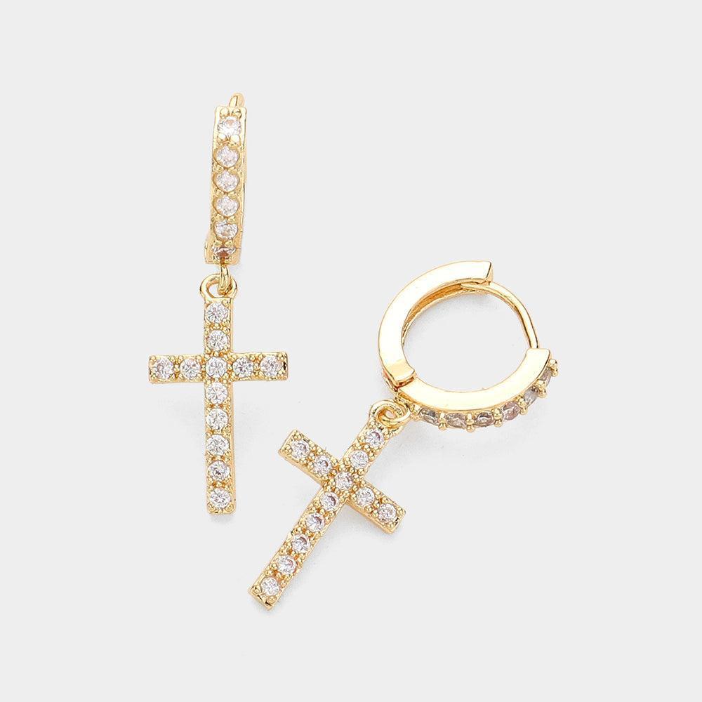 Gold CZ Stone Paved Cross Dangle Huggie Earrings - Jewelry Store by Erik Rayo