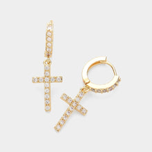 Load image into Gallery viewer, Gold CZ Stone Paved Cross Dangle Huggie Earrings
