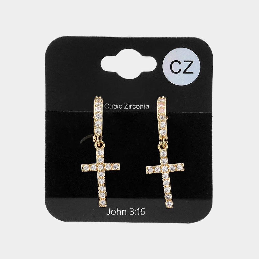 Gold CZ Stone Paved Cross Dangle Huggie Earrings