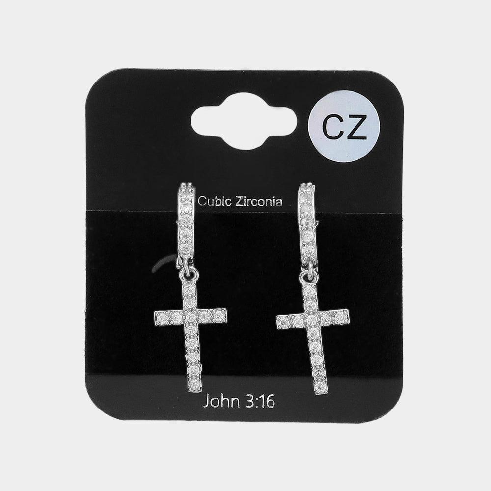 CZ Stone Paved Cross Dangle Huggie Earrings