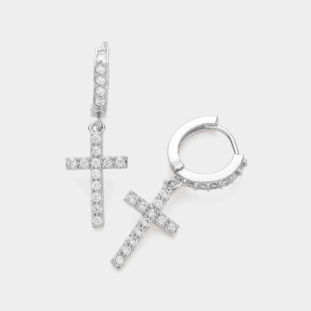 CZ Stone Paved Cross Dangle Huggie Earrings - Jewelry Store by Erik Rayo