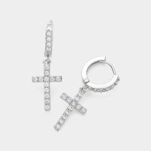 Load image into Gallery viewer, CZ Stone Paved Cross Dangle Huggie Earrings
