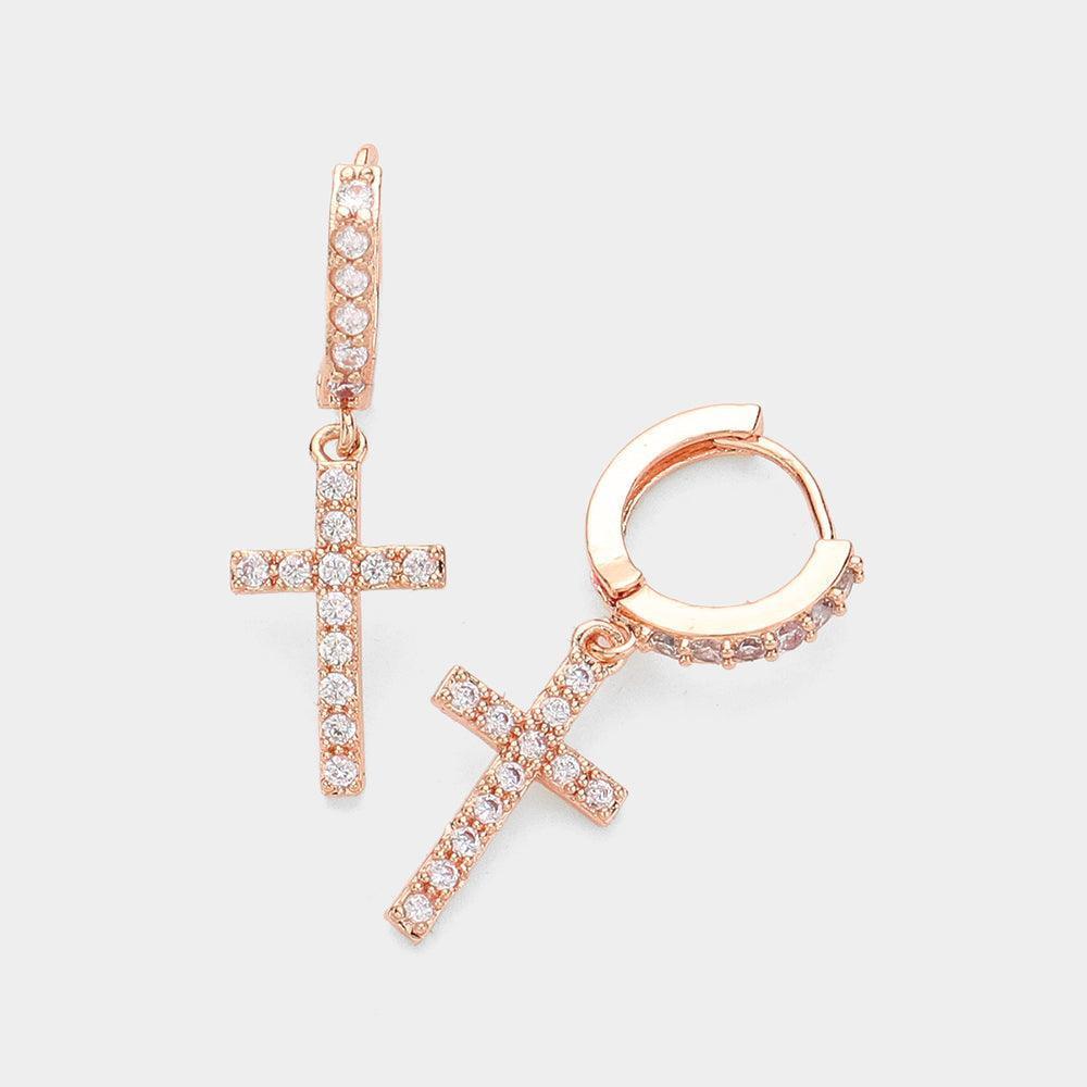 Gold CZ Stone Paved Cross Dangle Huggie Earrings - Jewelry Store by Erik Rayo