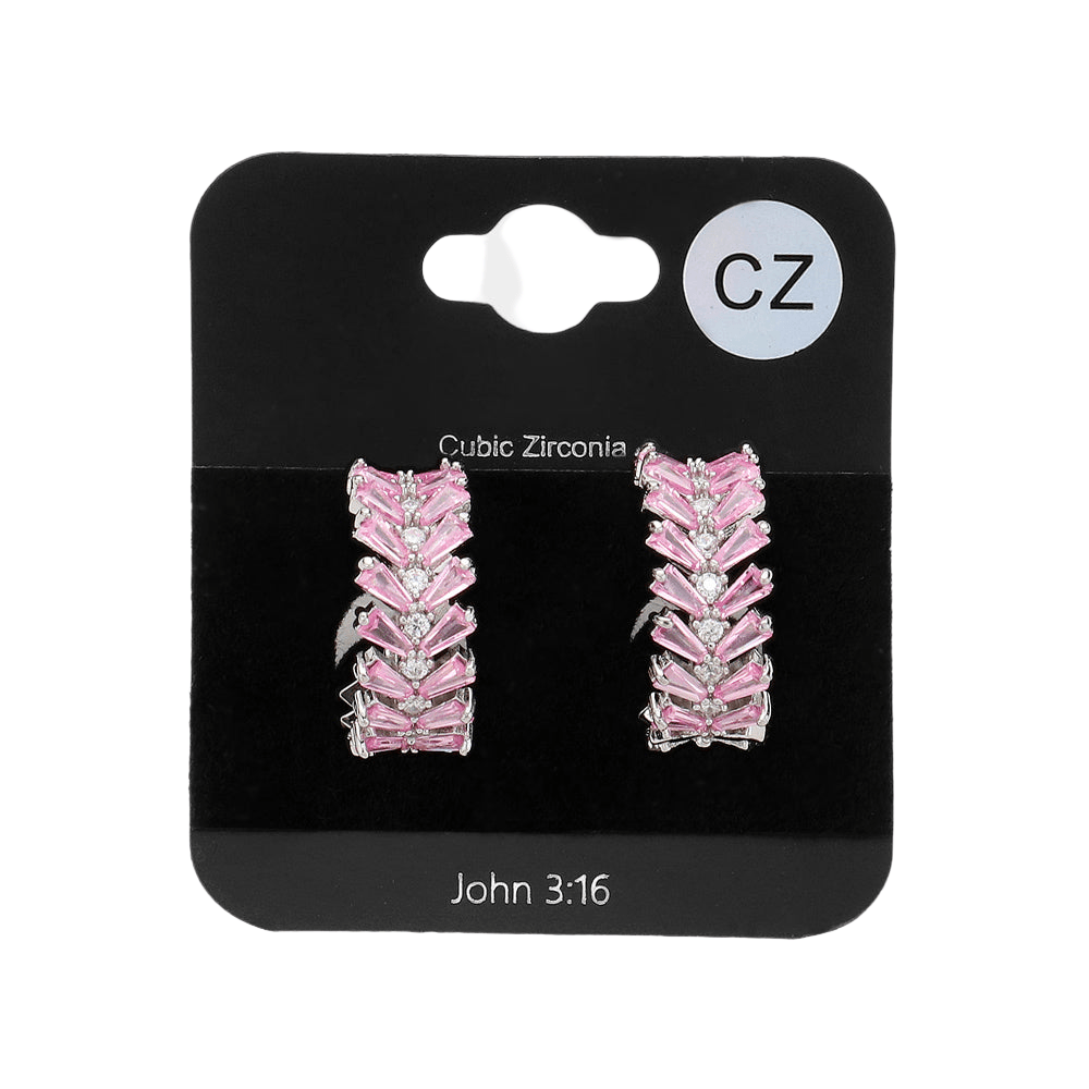 Pink CZ Stone Cluster Embellished Evening Hoop Earrings