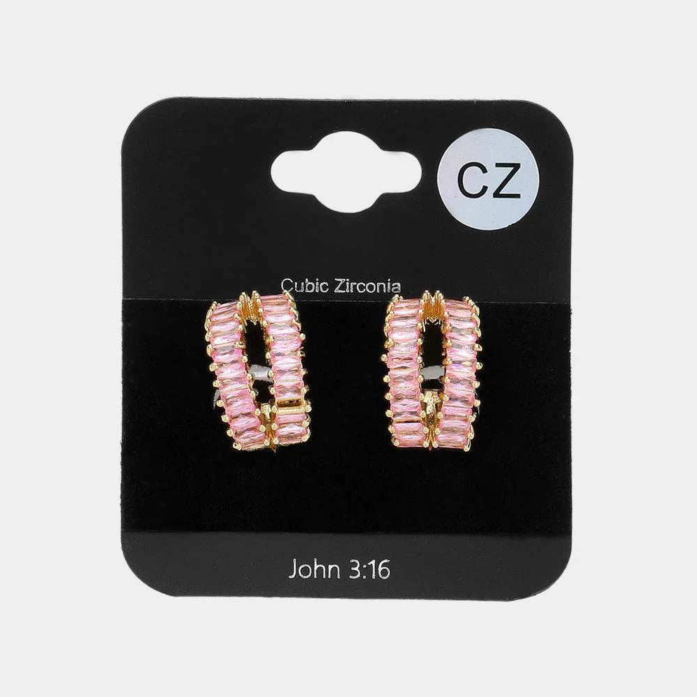 Pink CZ Baguette Stone Cluster Split Evening Hoop Earrings - Jewelry Store by Erik Rayo