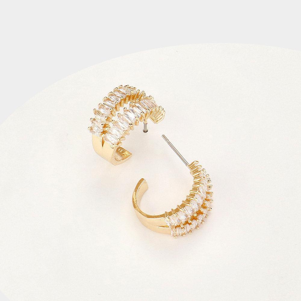 Silver CZ Baguette Stone Cluster Split Evening Hoop Earrings - Jewelry Store by Erik Rayo