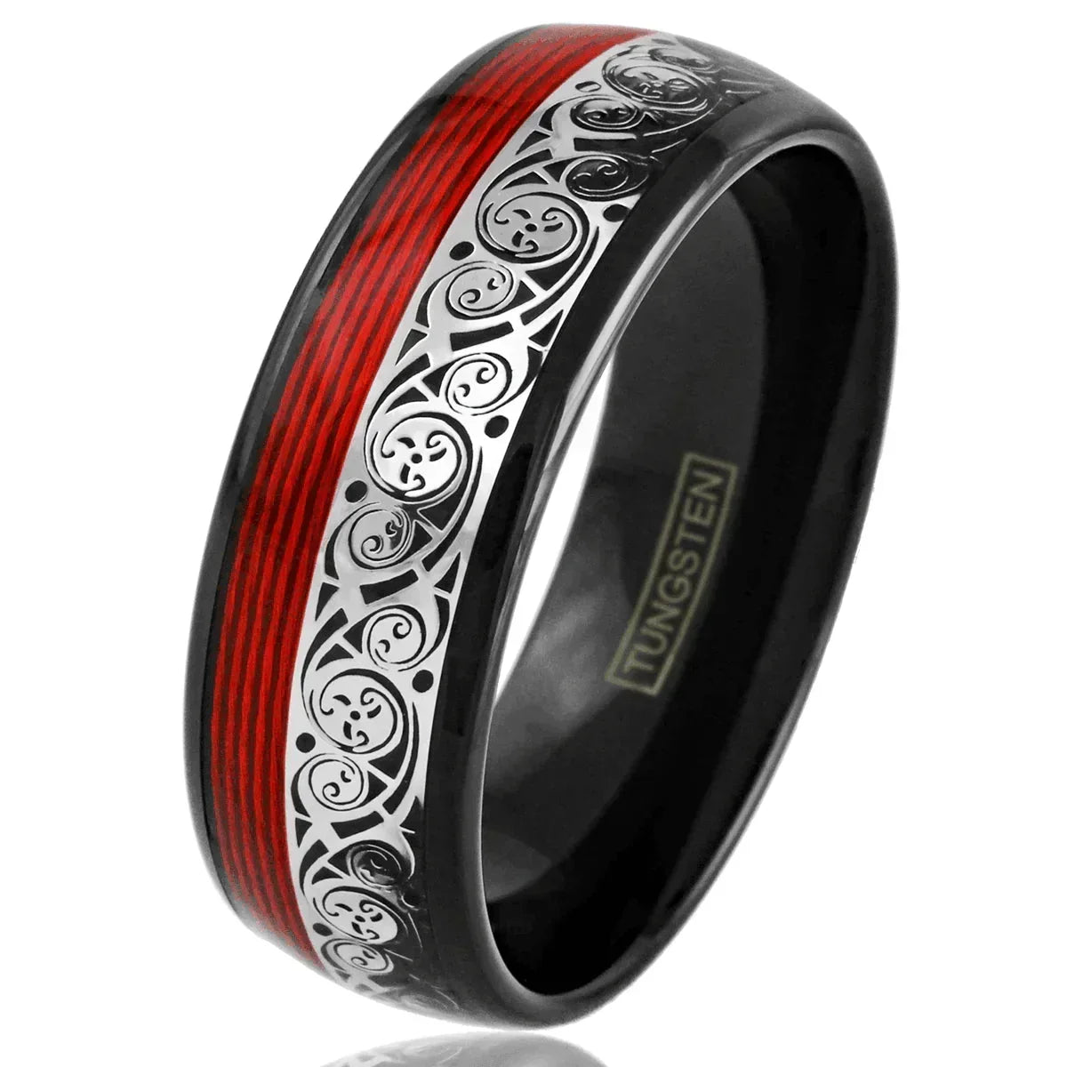 Men's Black Wedding Band with Clockwork Gears and Red Wire - Unique Rings for Men and Women - Jewelry Store by Erik Rayo