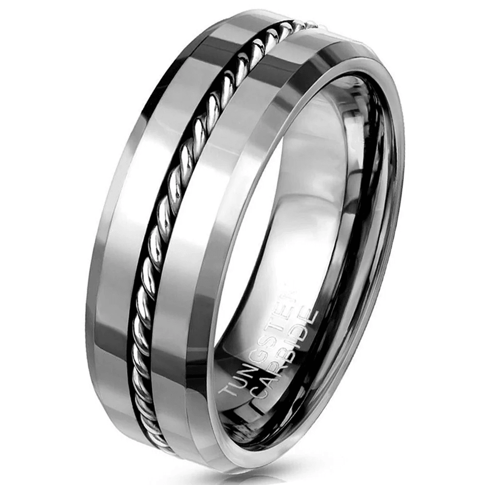 Mirror Polished Wedding Band Ring for Men Black Tungsten Carbide Silver Rope Inlay Beveled Edge - Jewelry Store by Erik Rayo