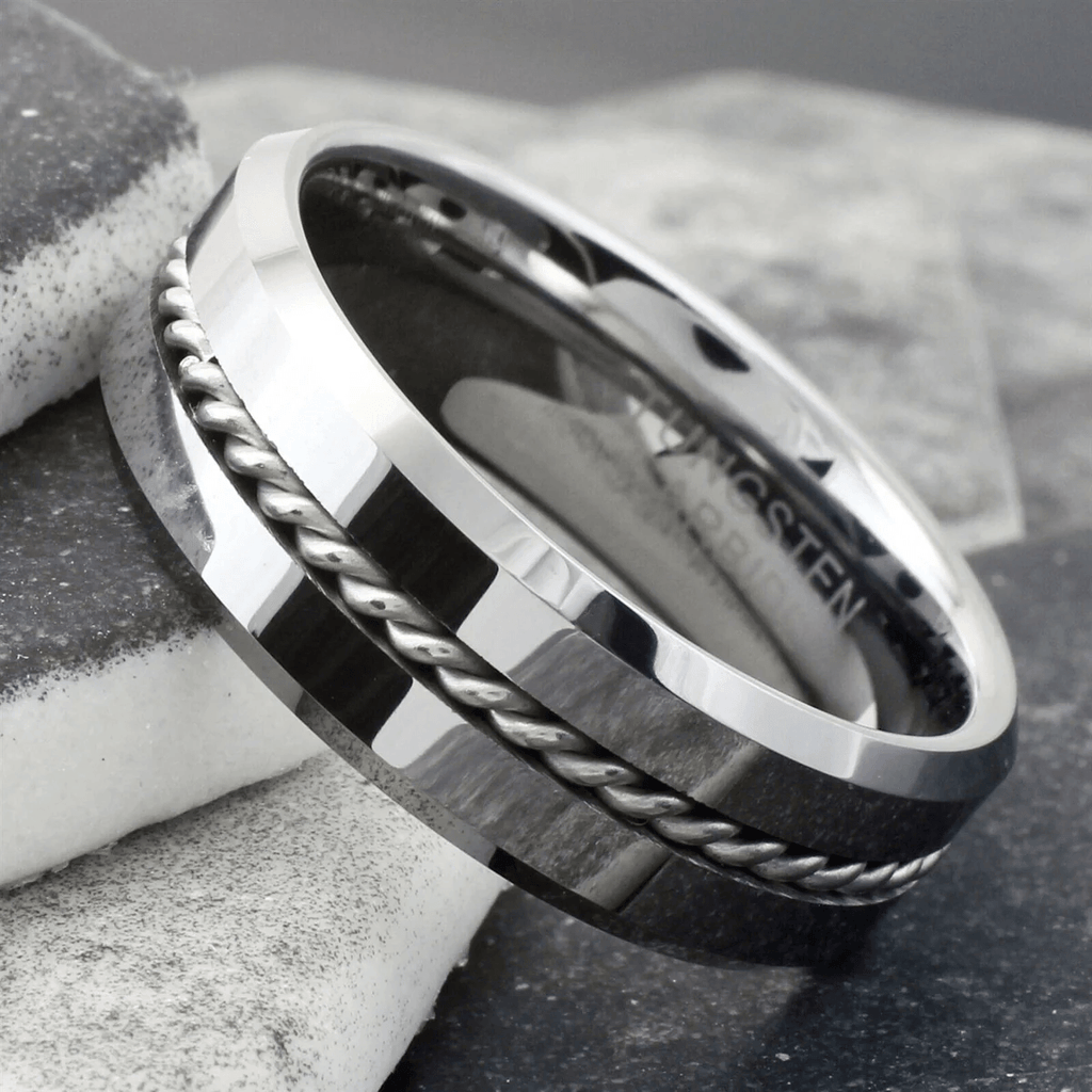 Mirror Polished Wedding Band Ring for Men Black Tungsten Carbide Silver Rope Inlay Beveled Edge - Jewelry Store by Erik Rayo