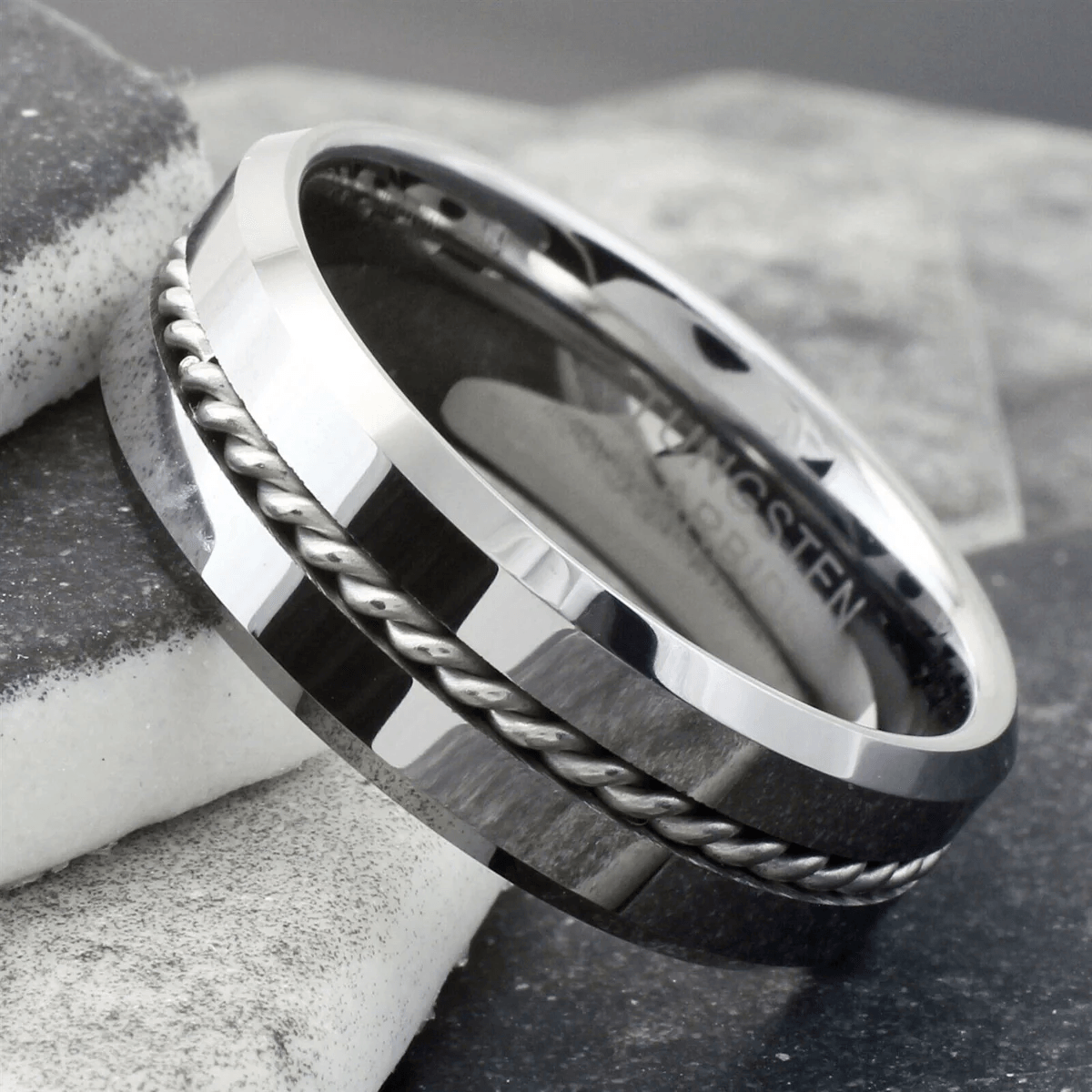 Mirror Polished Wedding Band Ring for Men Black Tungsten Carbide Silver Rope Inlay Beveled Edge - Jewelry Store by Erik Rayo
