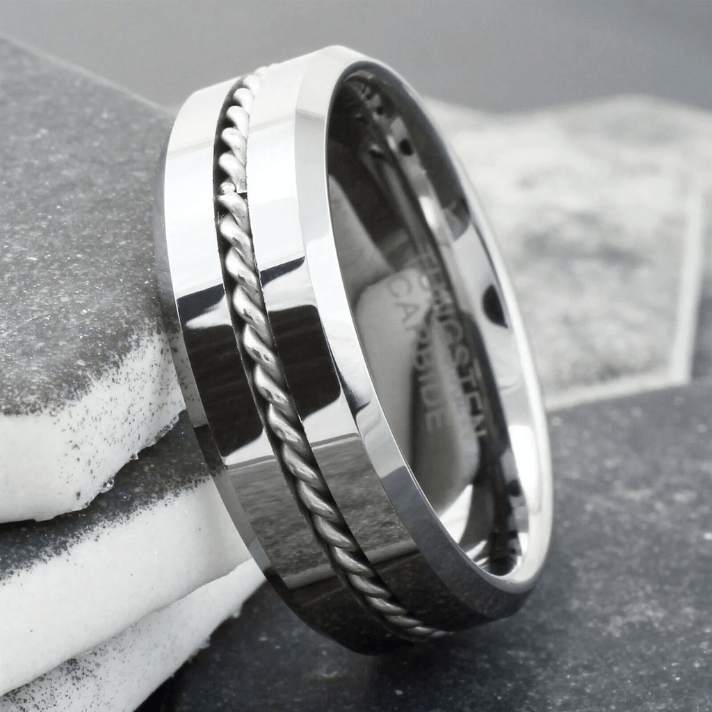 Mirror Polished Wedding Band Ring for Men Black Tungsten Carbide Silver Rope Inlay Beveled Edge - Jewelry Store by Erik Rayo