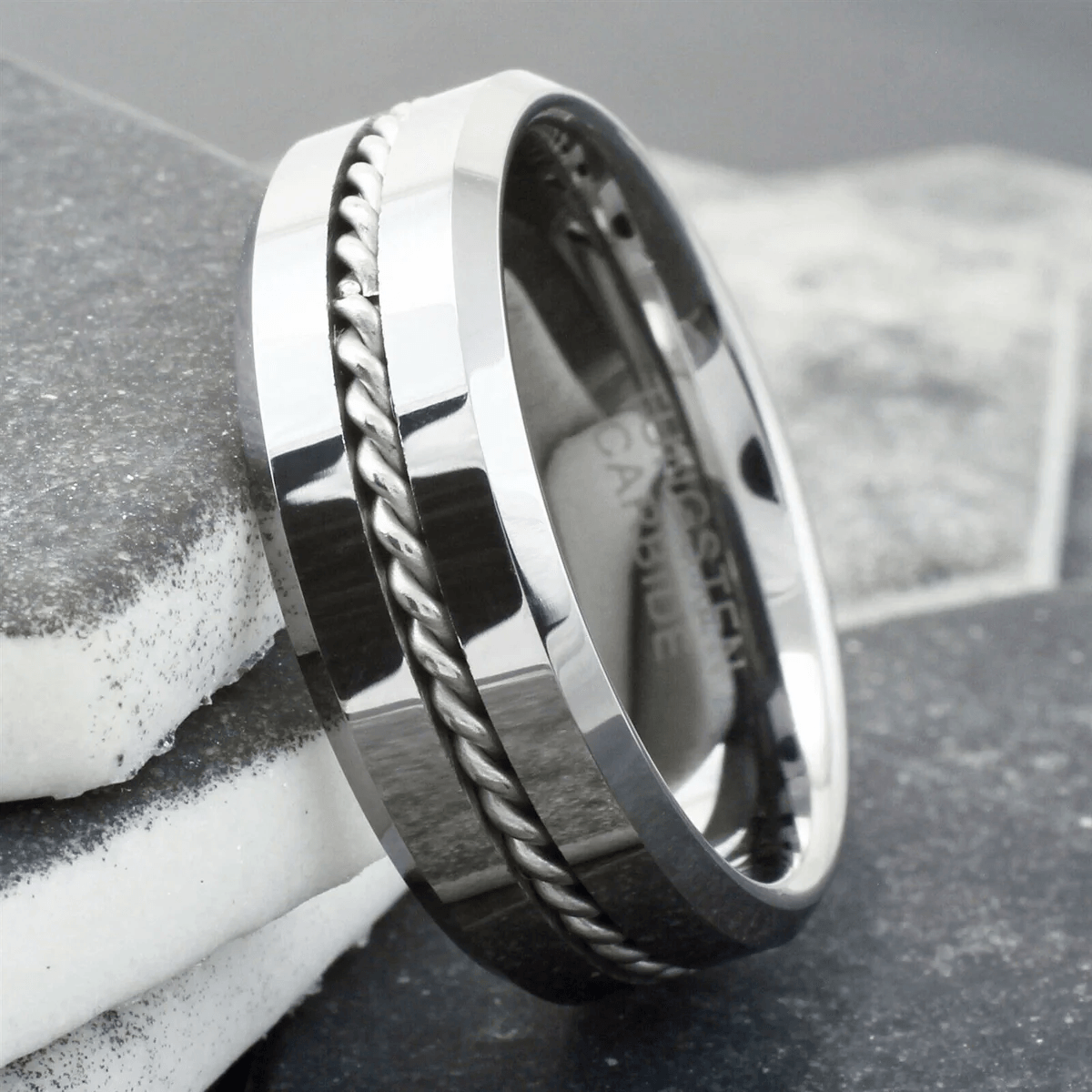 Mirror Polished Wedding Band Ring for Men Black Tungsten Carbide Silver Rope Inlay Beveled Edge - Jewelry Store by Erik Rayo