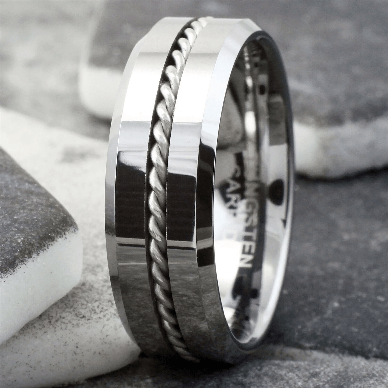 Mirror Polished Wedding Band Ring for Men Black Tungsten Carbide Silver Rope Inlay Beveled Edge - Jewelry Store by Erik Rayo