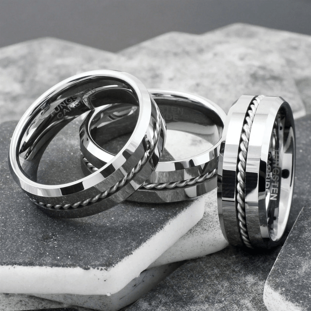 Mirror Polished Wedding Band Ring for Men Black Tungsten Carbide Silver Rope Inlay Beveled Edge - Jewelry Store by Erik Rayo