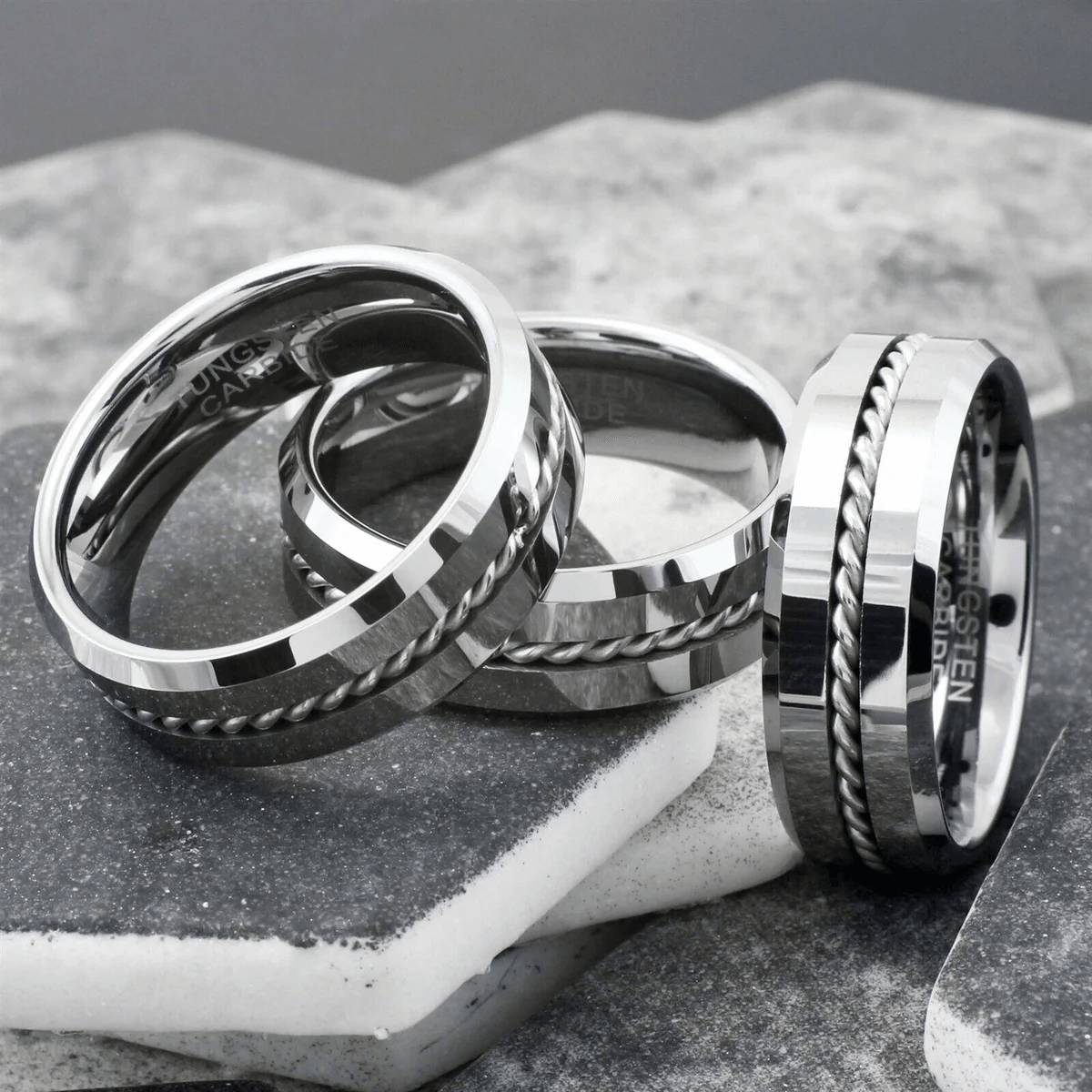 Mirror Polished Wedding Band Ring for Men Black Tungsten Carbide Silver Rope Inlay Beveled Edge - Jewelry Store by Erik Rayo