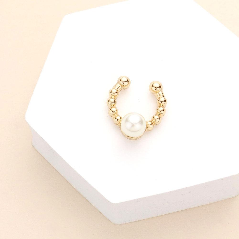Cream 1PC - Pearl Accented Metal Ball Nose Cuff