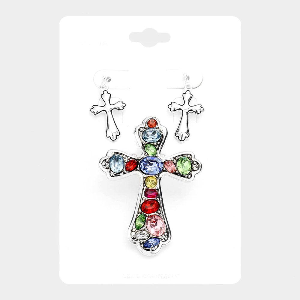 Silver Multi Stone Cross Magnetic Pendant Set