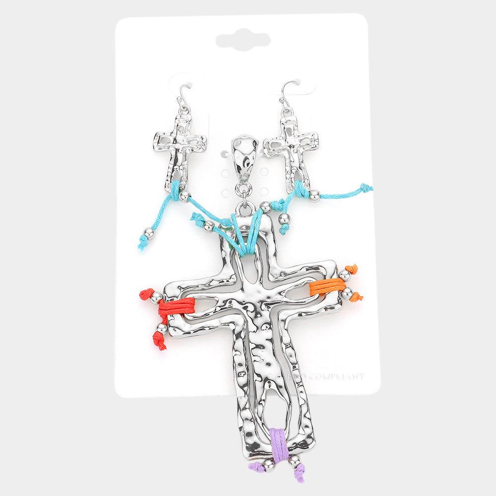 Silver Colorful Hammered Metal Cross Pendant Set
