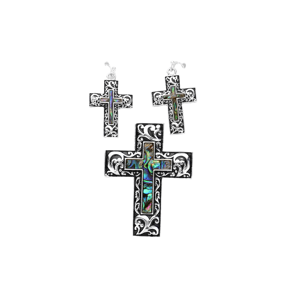 Silver Abalone Cross Pendant Set