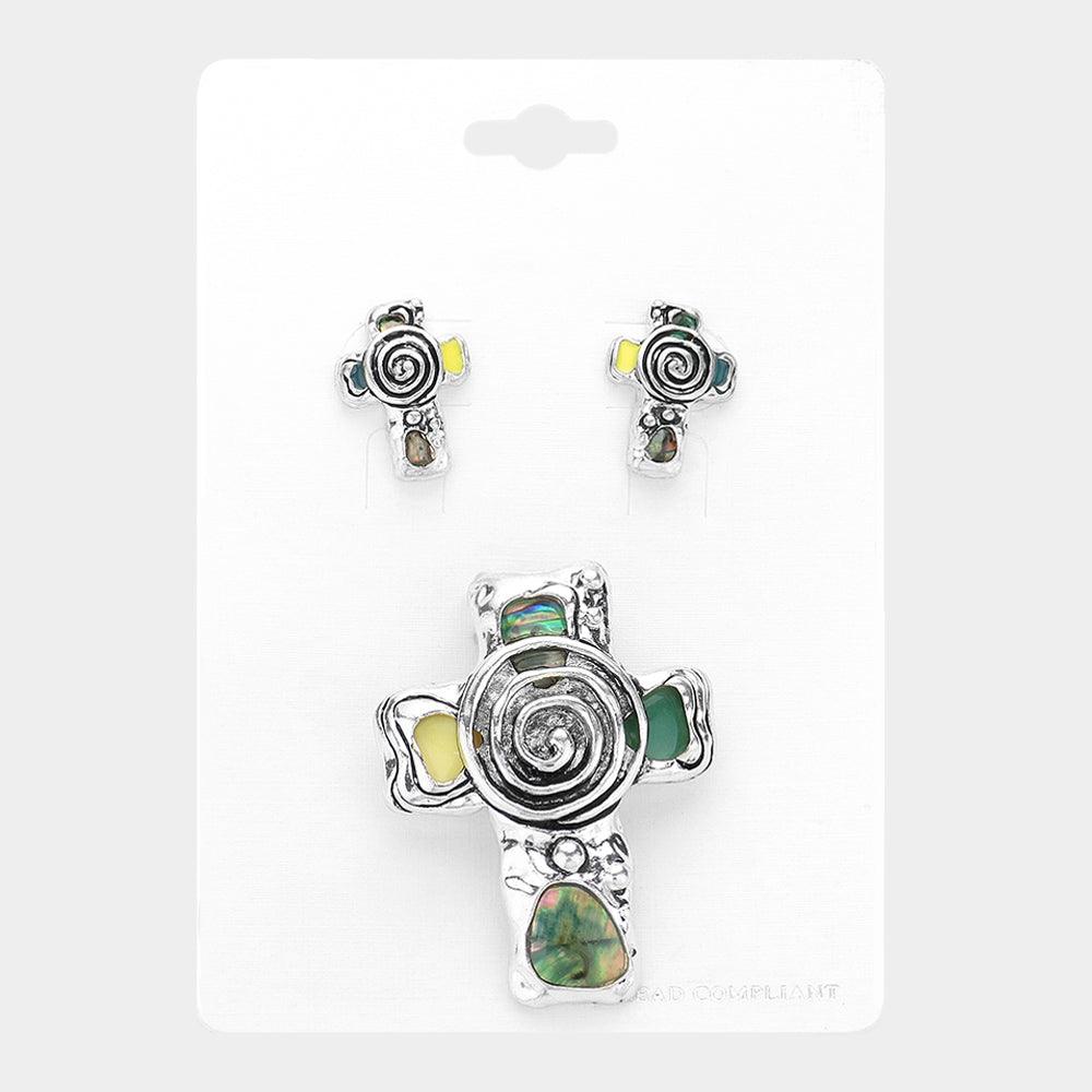 Silver Abalone Metal Spiral Cross Pendant