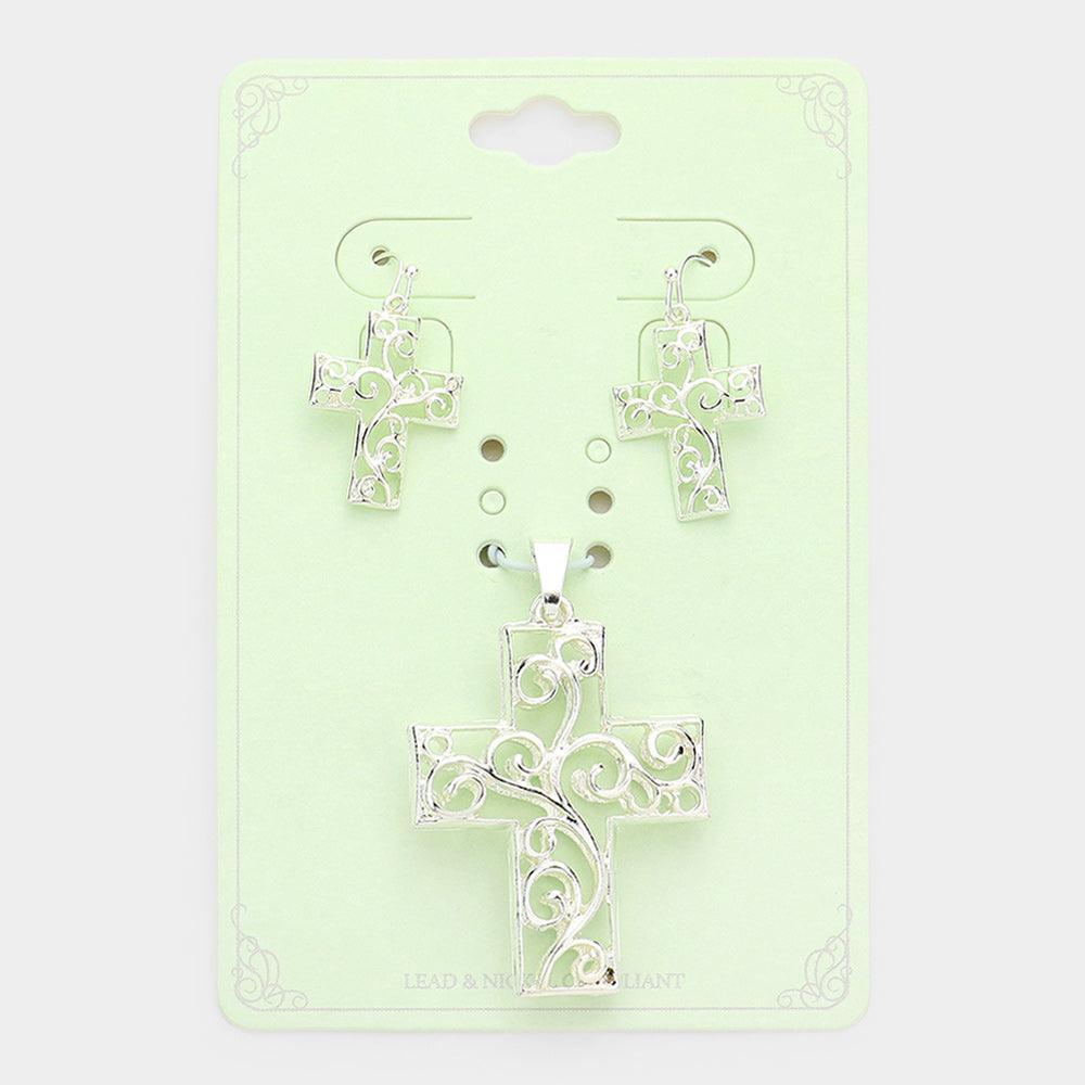 Silver Filigree Metal Cross Pendant Set